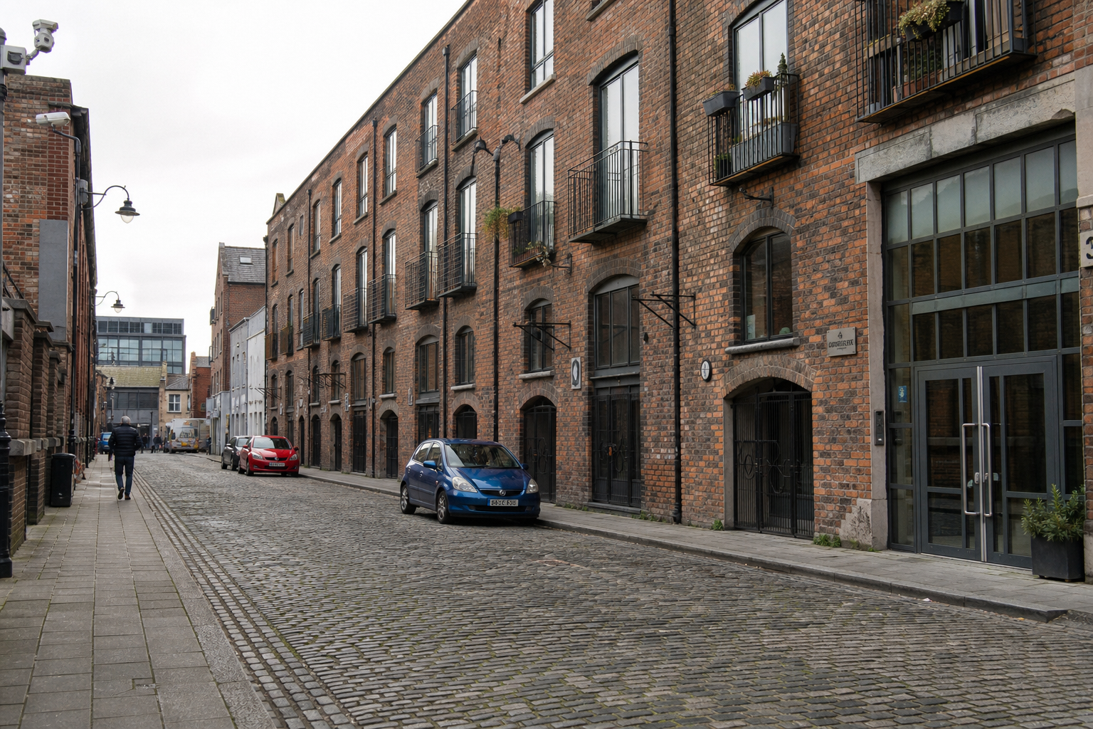 Morning shot of a Stoneybatter terrace — fleur-de-lys railings along a brick plinth, painted black, Georgian fanlight above a hall door