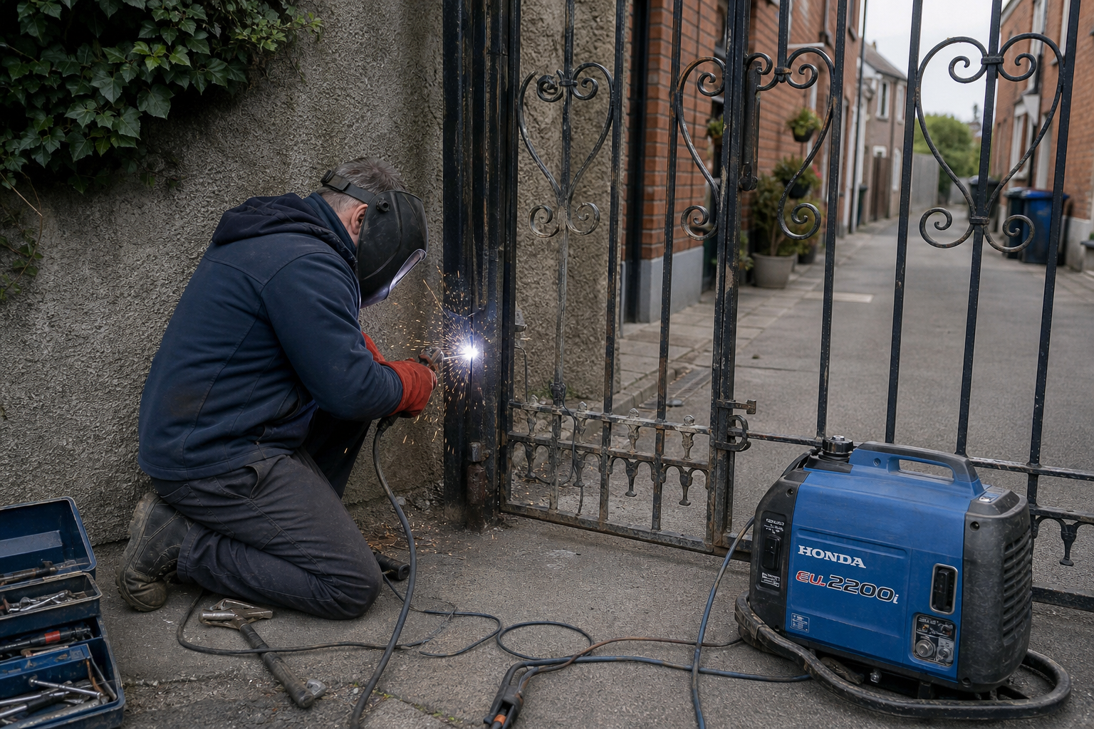 Mobile welder MIG-welding a snapped gate hinge plate kerb-side on a north Dublin street, sparks under the hood, transit van and Honda gennie in shot