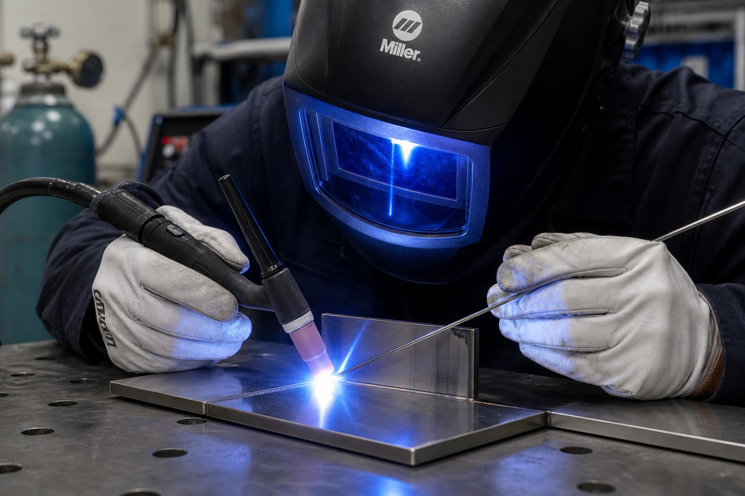 Close-up of TIG arc on a stainless steel bench seam — argon-shielded weld bead bright on brushed 304 sheet, gloved hand steady on the torch