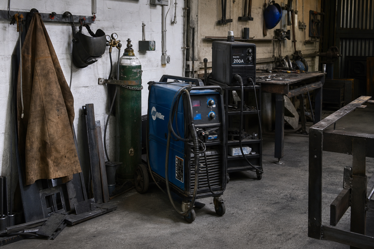 Inside the Jamestown Industrial Estate workshop — pegboard wall of clamps, two welding bays, half-finished steel gate on horses